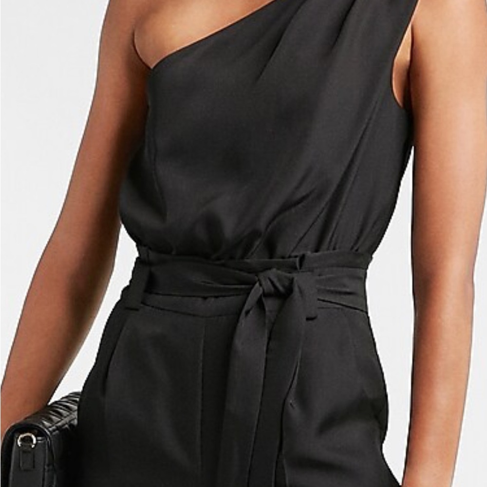 Women's Black Draped One Shoulder Belted Jumpsuit